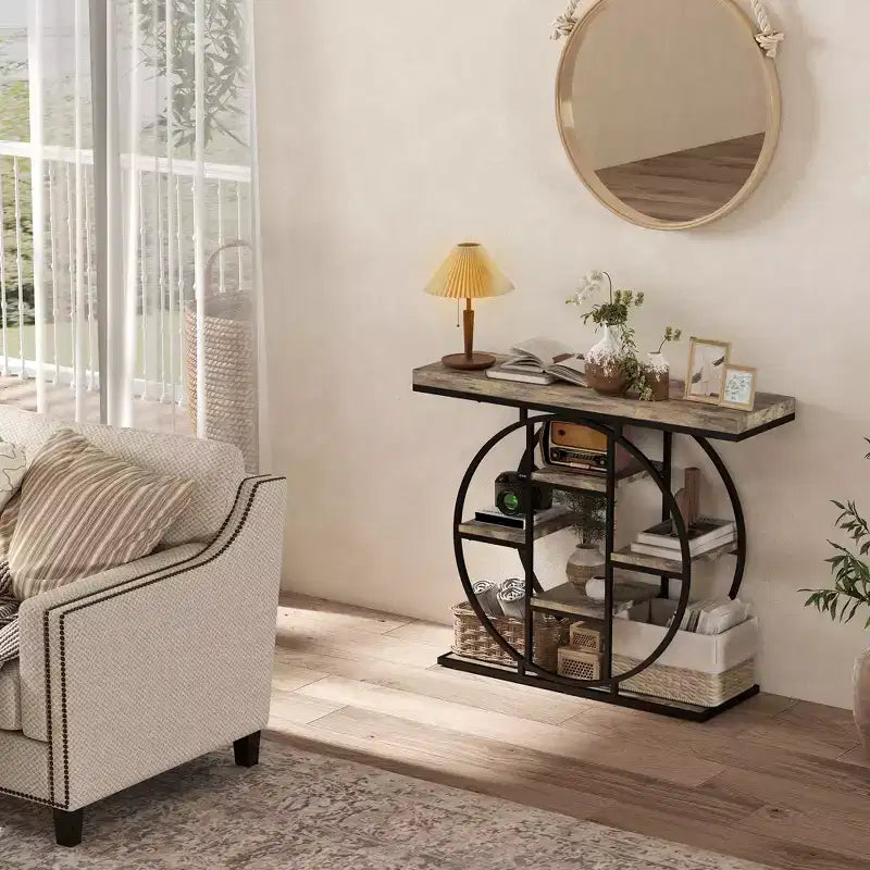 Console industrielle avec étagères de rangement et cadre en acier circulaire – Chêne rustique