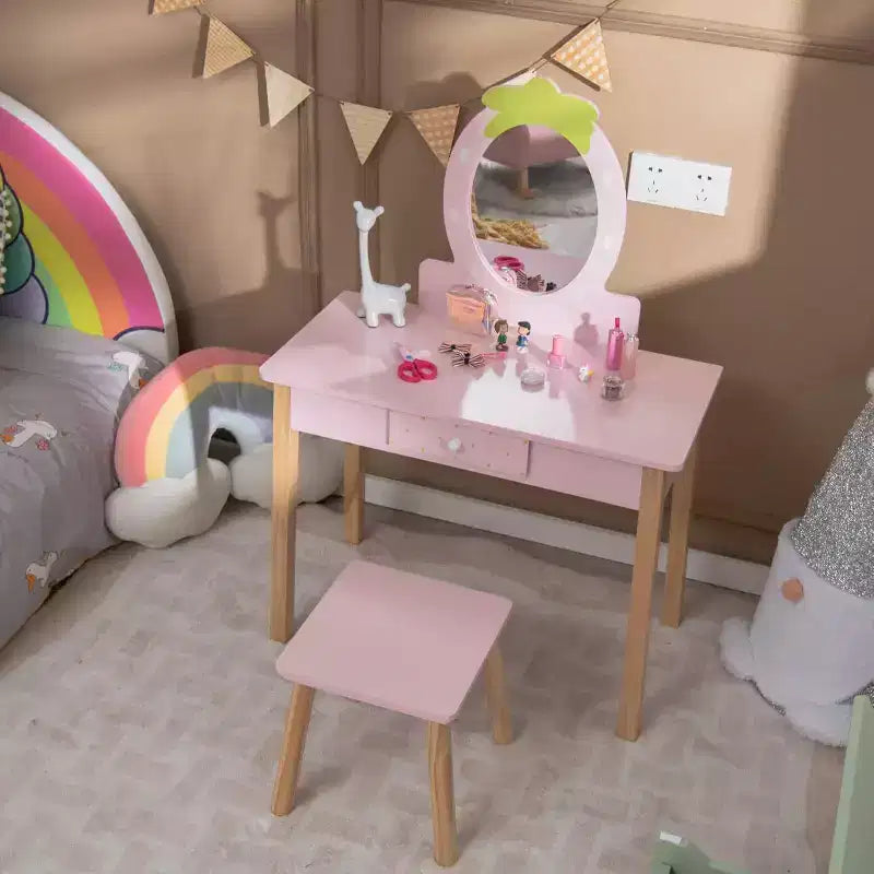Coiffeuse enfant avec miroir ovale, coiffeuse et tabouret en bois