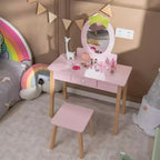 Coiffeuse enfant avec miroir ovale, coiffeuse et tabouret en bois