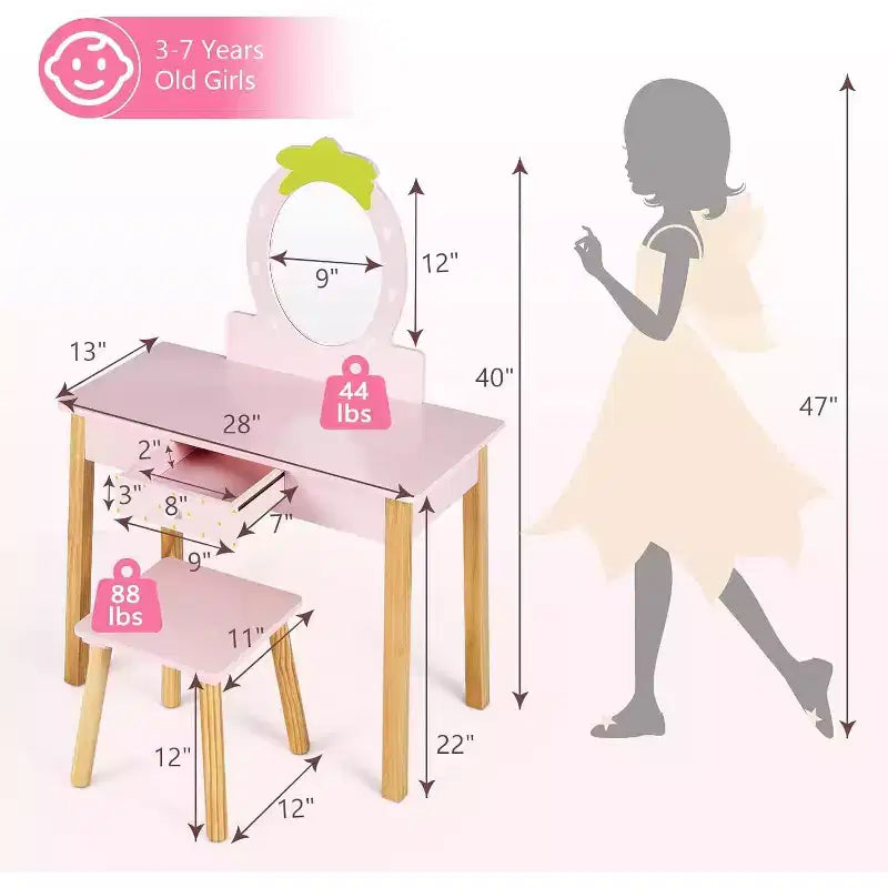 Coiffeuse enfant avec miroir ovale, coiffeuse et tabouret en bois