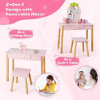 Coiffeuse enfant avec miroir ovale, coiffeuse et tabouret en bois