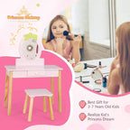 Coiffeuse enfant avec miroir ovale, coiffeuse et tabouret en bois