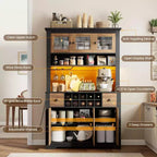 Grand garde-manger de 175 cm avec lumières LED et station de recharge, grand meuble de rangement de cuisine, buffet de cuisine, meuble bar à café avec porte-bouteilles