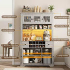 Grand garde-manger de 175 cm avec lumières LED et station de recharge, grand meuble de rangement de cuisine, buffet de cuisine, meuble bar à café avec porte-bouteilles