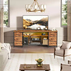 Meuble TV marron de 160 cm avec lumières LED, station de charge et 6 tiroirs en tissu