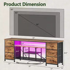 Meuble TV marron de 160 cm avec lumières LED, station de charge et 6 tiroirs en tissu