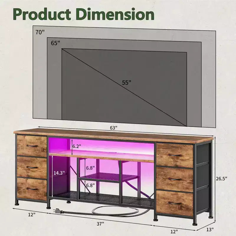 Meuble TV marron de 160 cm avec lumières LED, station de charge et 6 tiroirs en tissu