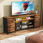 Meuble TV marron de 160 cm avec lumières LED, station de charge et 6 tiroirs en tissu