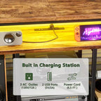 Meuble TV marron de 160 cm avec lumières LED, station de charge et 6 tiroirs en tissu