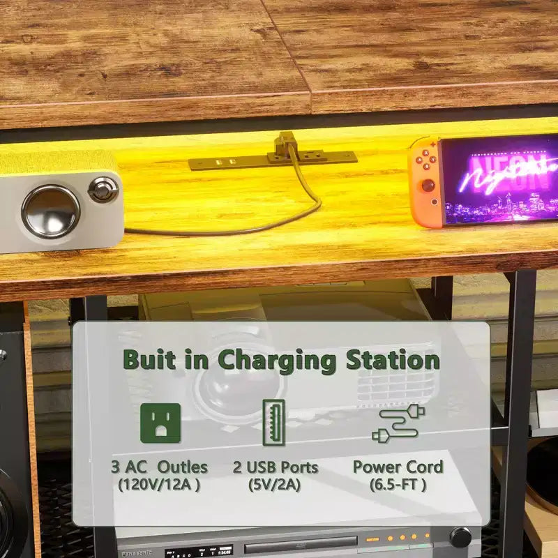 Meuble TV marron de 160 cm avec lumières LED, station de charge et 6 tiroirs en tissu