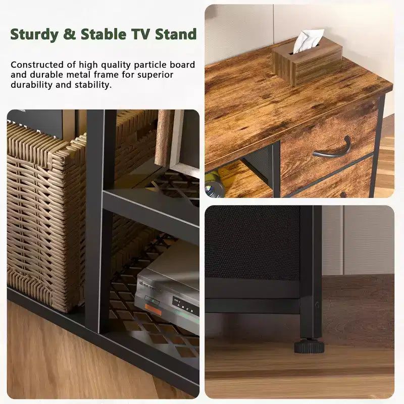 Meuble TV marron de 160 cm avec lumières LED, station de charge et 6 tiroirs en tissu
