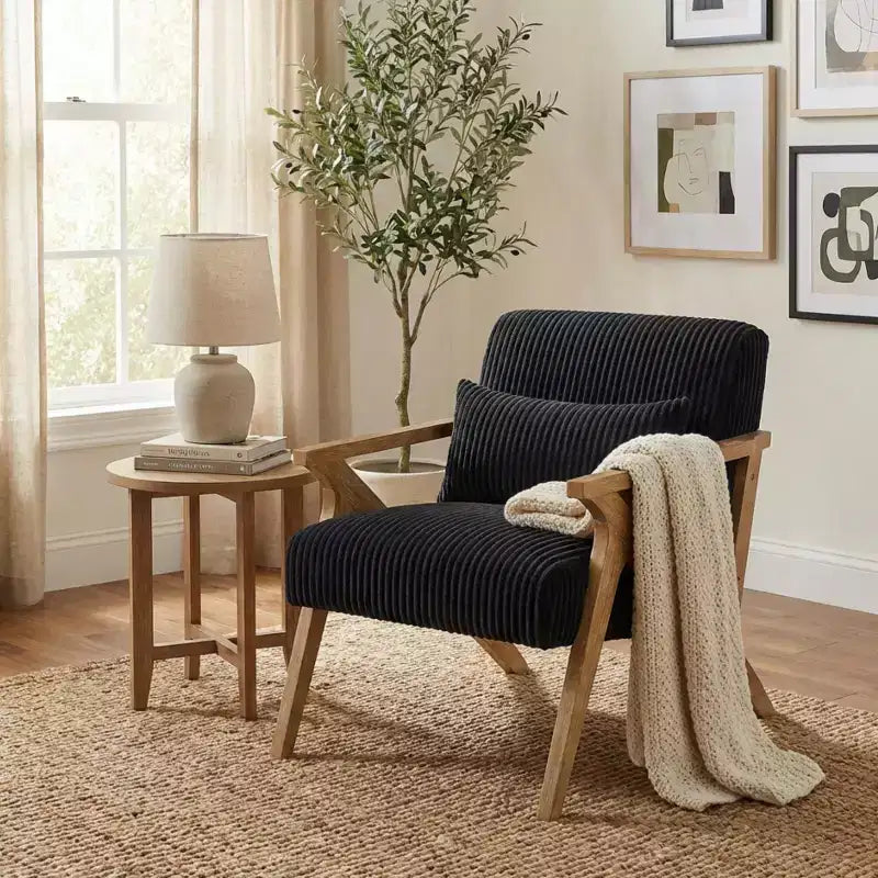 Fauteuil d'appoint moderne en velours côtelé avec coussin et cadre en hévéa