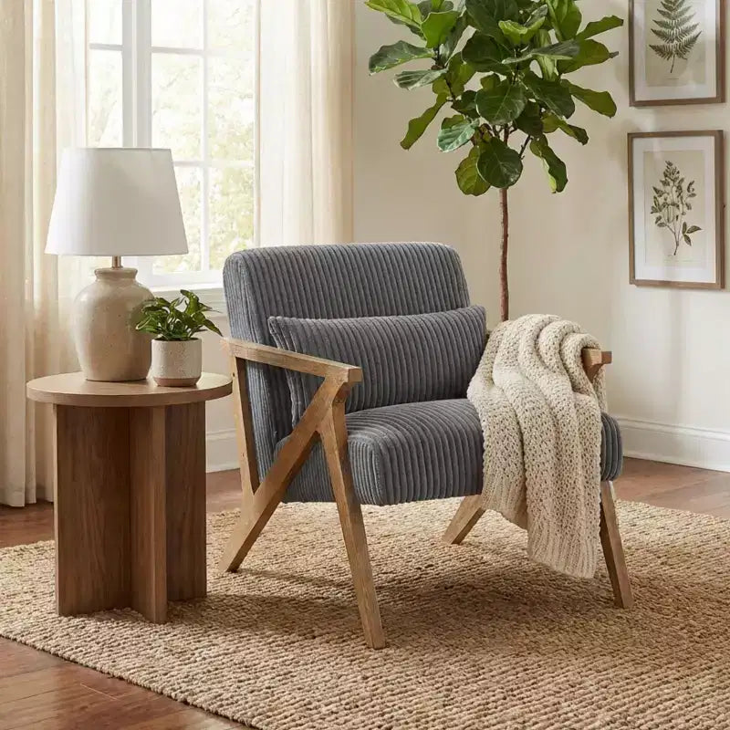 Fauteuil d'appoint moderne en velours côtelé avec coussin et cadre en hévéa