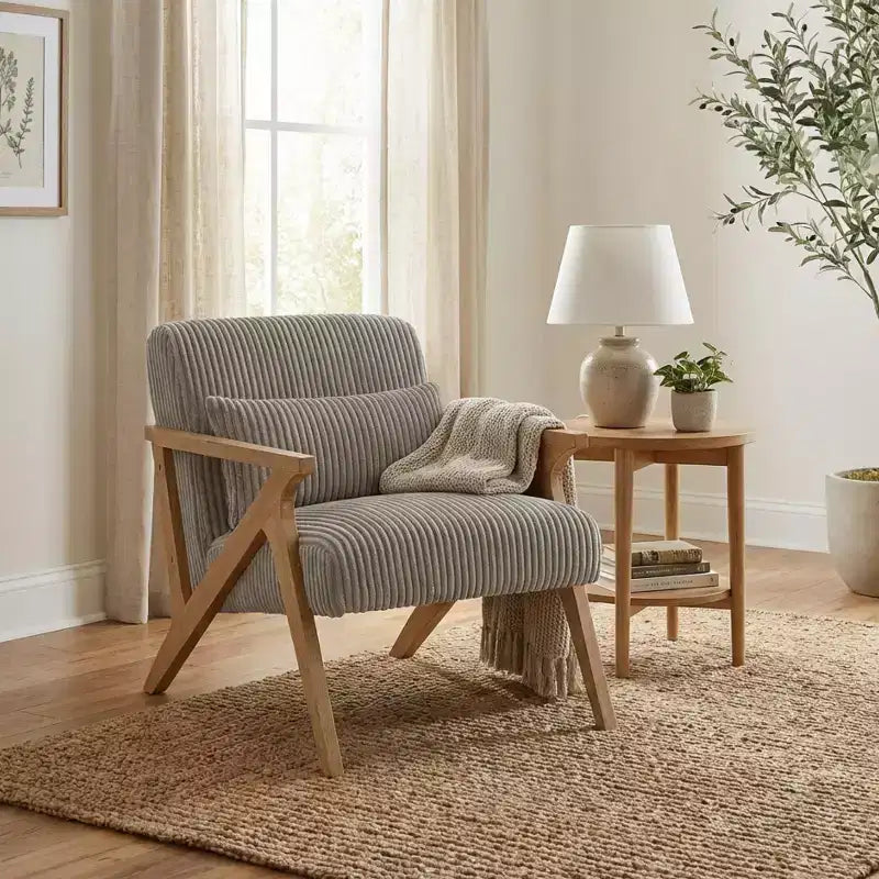 Fauteuil d'appoint moderne en velours côtelé avec coussin et cadre en hévéa
