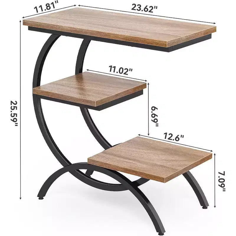 Table d'appoint industrielle en C, étroite, à 3 étagères – Chêne et métal noir