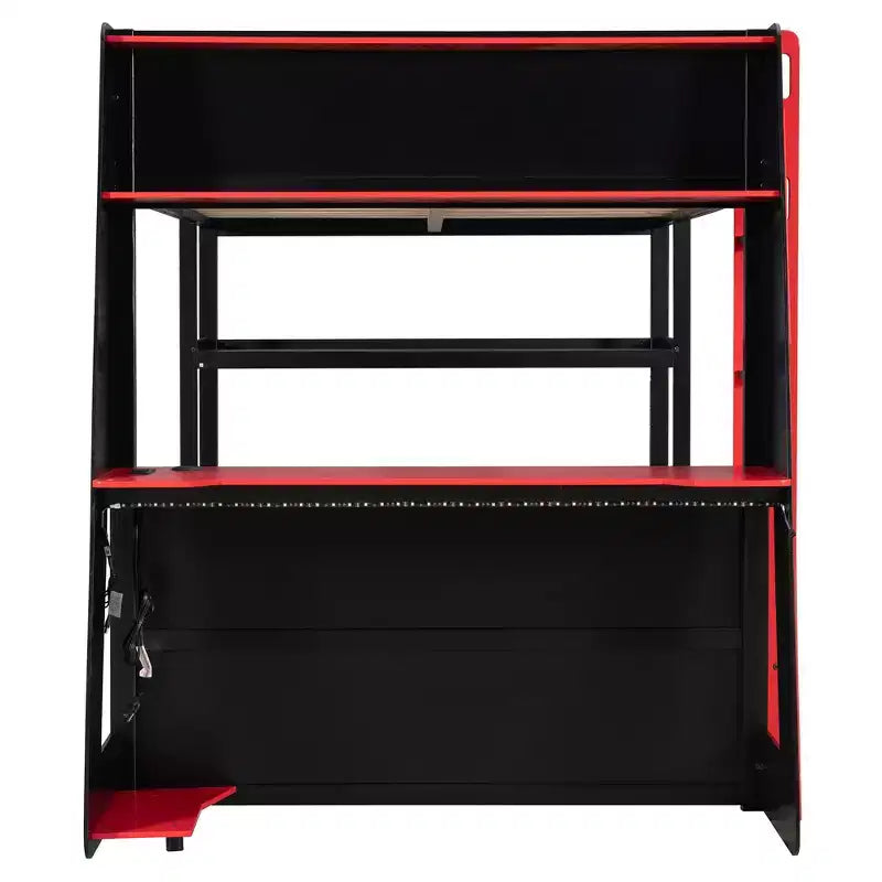 Lit mezzanine de jeu pleine grandeur avec bureau, étagères de rangement et lumières intégrées