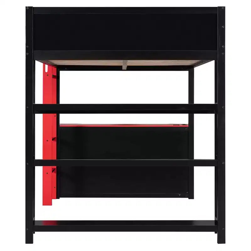 Lit mezzanine de jeu pleine grandeur avec bureau, étagères de rangement et lumières intégrées