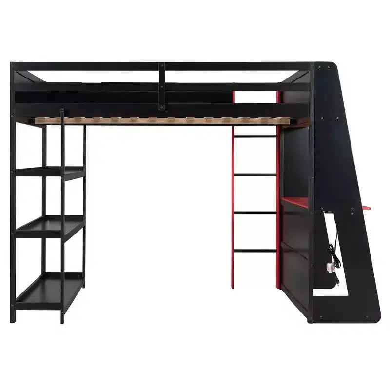 Lit mezzanine de jeu pleine grandeur avec bureau, étagères de rangement et lumières intégrées