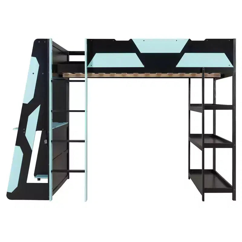 Lit mezzanine de jeu pleine grandeur avec bureau, étagères de rangement et lumières intégrées
