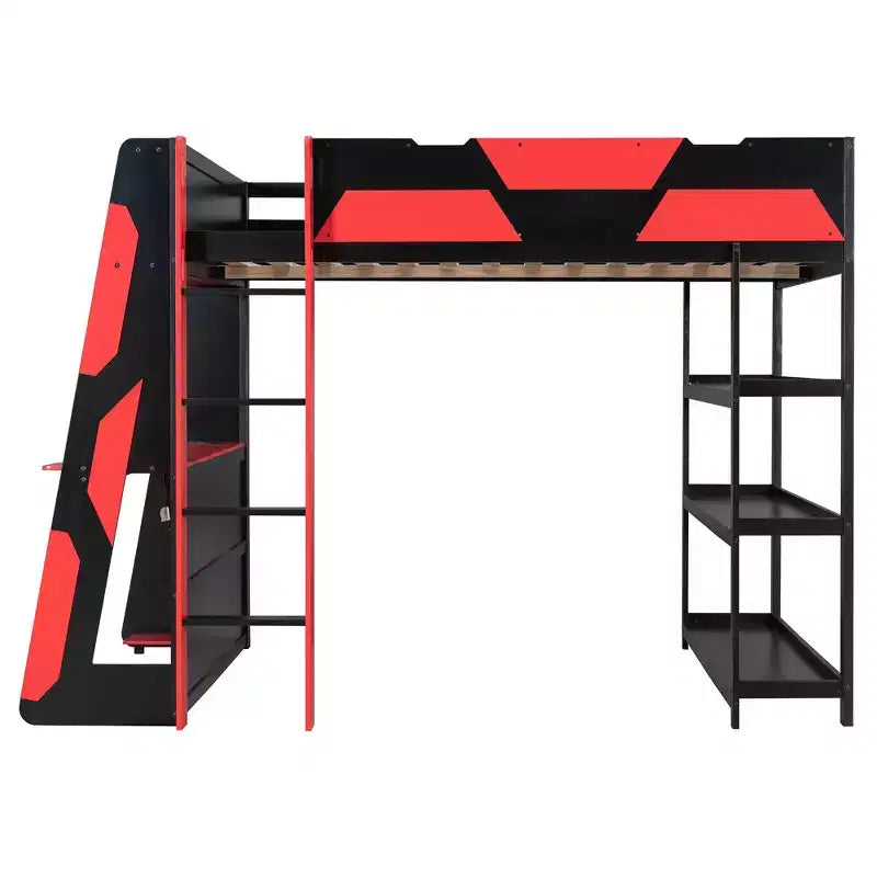 Lit mezzanine de jeu pleine grandeur avec bureau, étagères de rangement et lumières intégrées