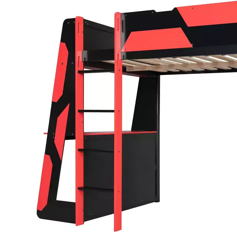 Lit mezzanine de jeu pleine grandeur avec bureau, étagères de rangement et lumières intégrées