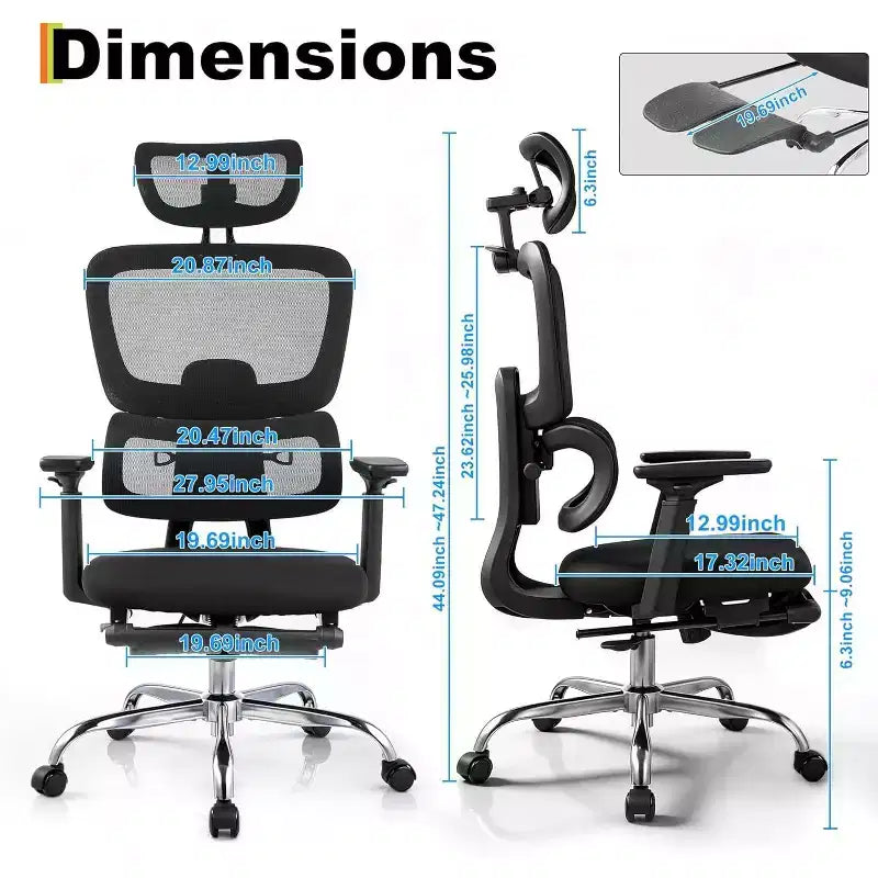 Fauteuil de bureau professionnel à dossier haut, support lombaire réglable, appui-tête 3D, accoudoirs relevables pour le travail au bureau, capacité de 136 kg, noir