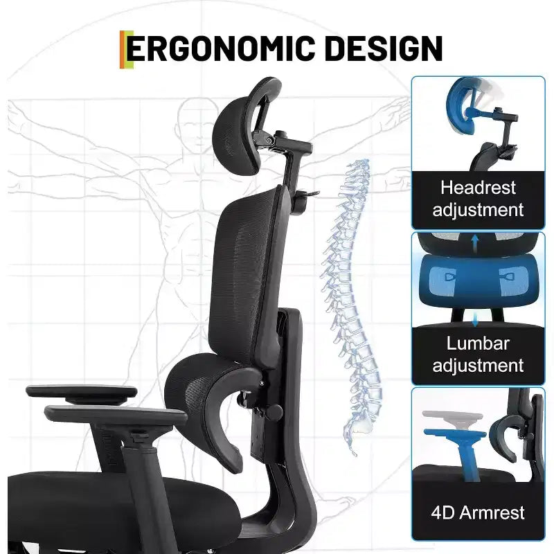 Fauteuil de bureau professionnel à dossier haut, support lombaire réglable, appui-tête 3D, accoudoirs relevables pour le travail au bureau, capacité de 136 kg, noir