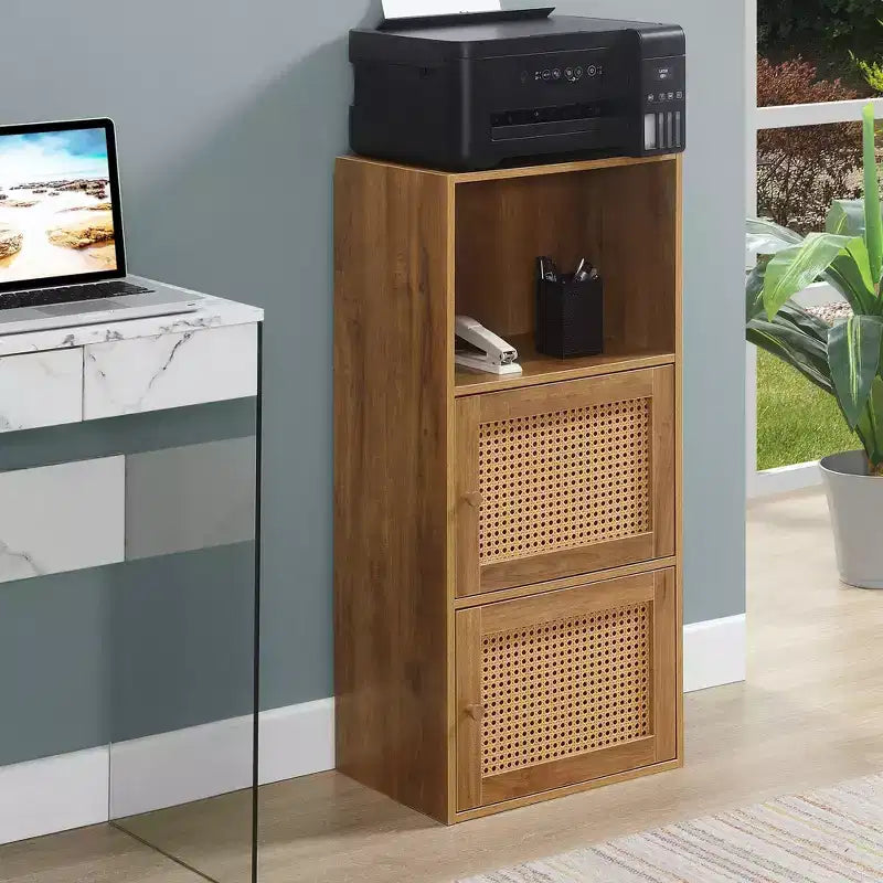 Meuble de rangement 2 portes avec étagère Boho Weave – Marron/Beige