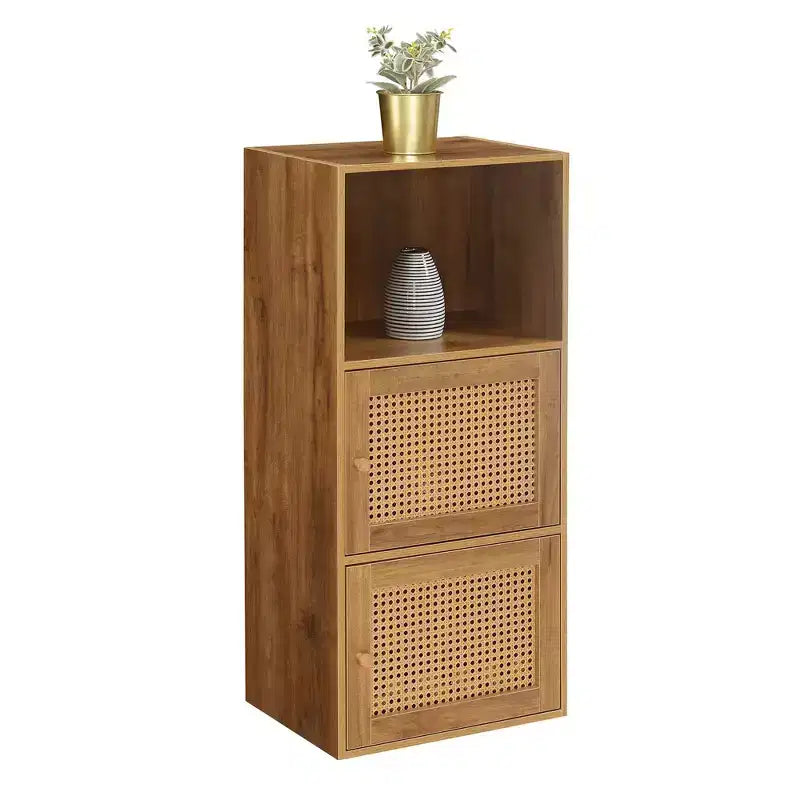 Meuble de rangement 2 portes avec étagère Boho Weave – Marron/Beige