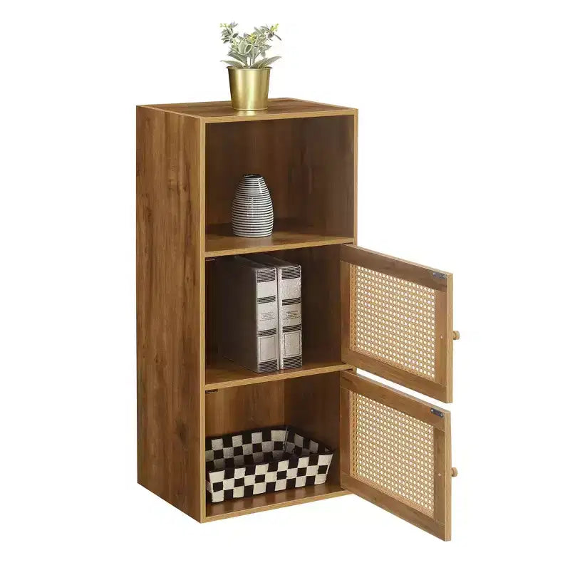 Meuble de rangement 2 portes avec étagère Boho Weave – Marron/Beige