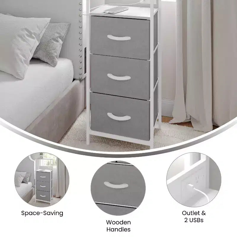 Table de chevet avec 3 tiroirs en tissu, station de charge, ports USB et prise de courant