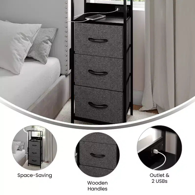 Table de chevet avec 3 tiroirs en tissu, station de charge, ports USB et prise de courant