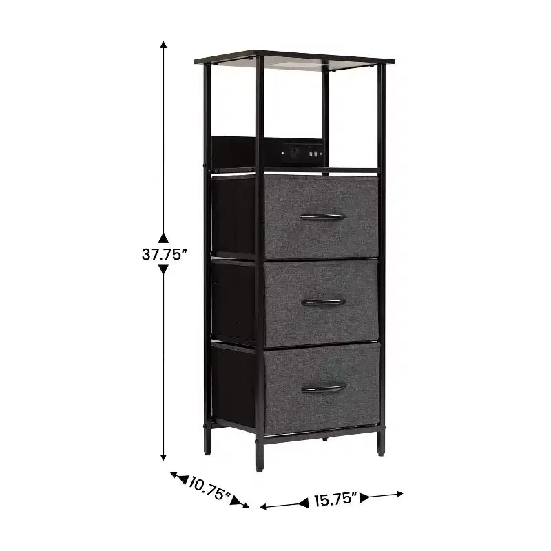 Table de chevet avec 3 tiroirs en tissu, station de charge, ports USB et prise de courant