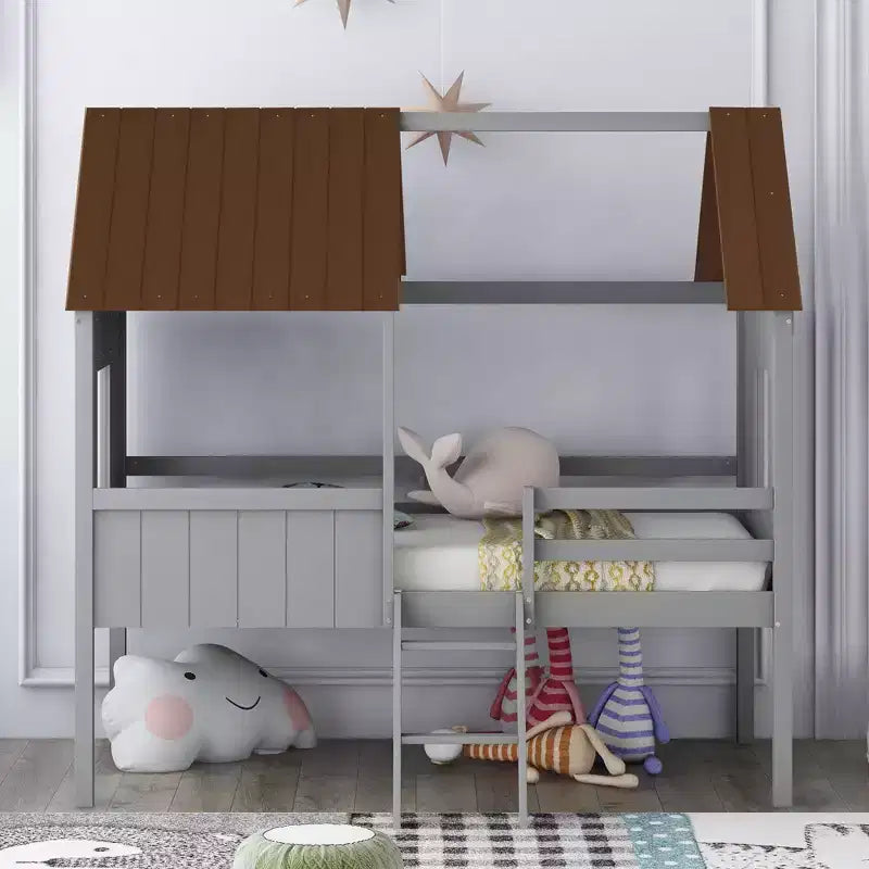 Lit mezzanine en bois cabane pour enfant avec deux fenêtres latérales, taille double, 4L