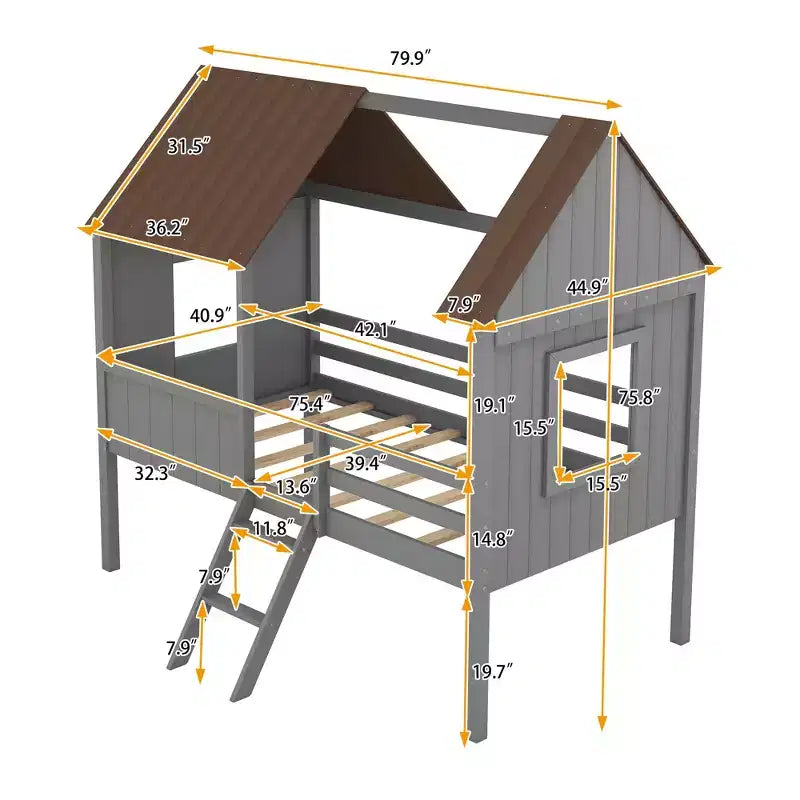 Lit mezzanine en bois cabane pour enfant avec deux fenêtres latérales, taille double, 4L