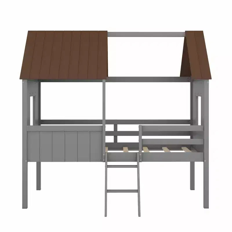 Lit mezzanine en bois cabane pour enfant avec deux fenêtres latérales, taille double, 4L