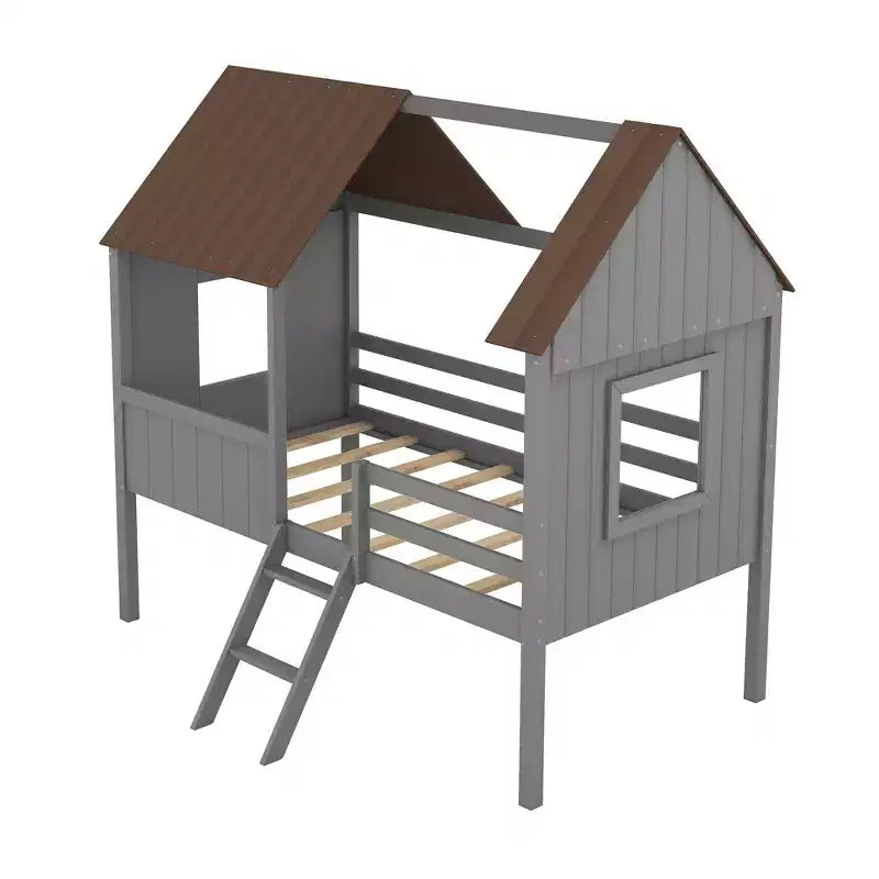 Lit mezzanine en bois cabane pour enfant avec deux fenêtres latérales, taille double, 4L