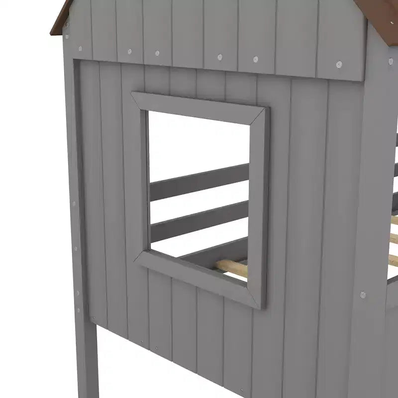 Lit mezzanine en bois cabane pour enfant avec deux fenêtres latérales, taille double, 4L